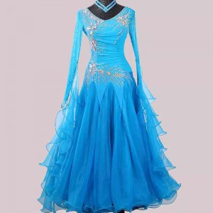 Customized size turquoise blue competition ballroom dance dresses for women girls waltz tango foxtrot smooth dance long gown for female